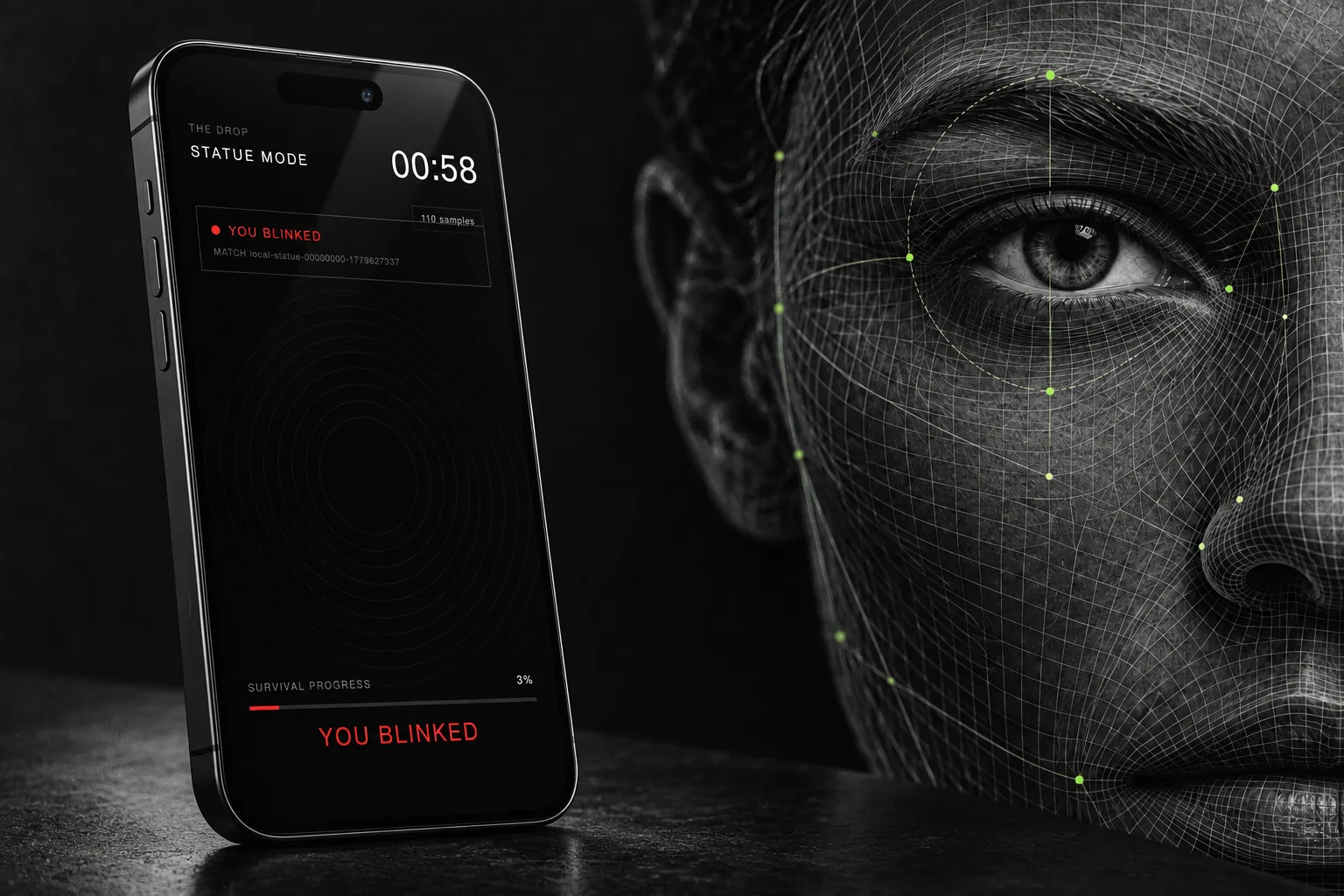 THE DROP game interface on an angled graphite phone integrated with facial-tracking artwork